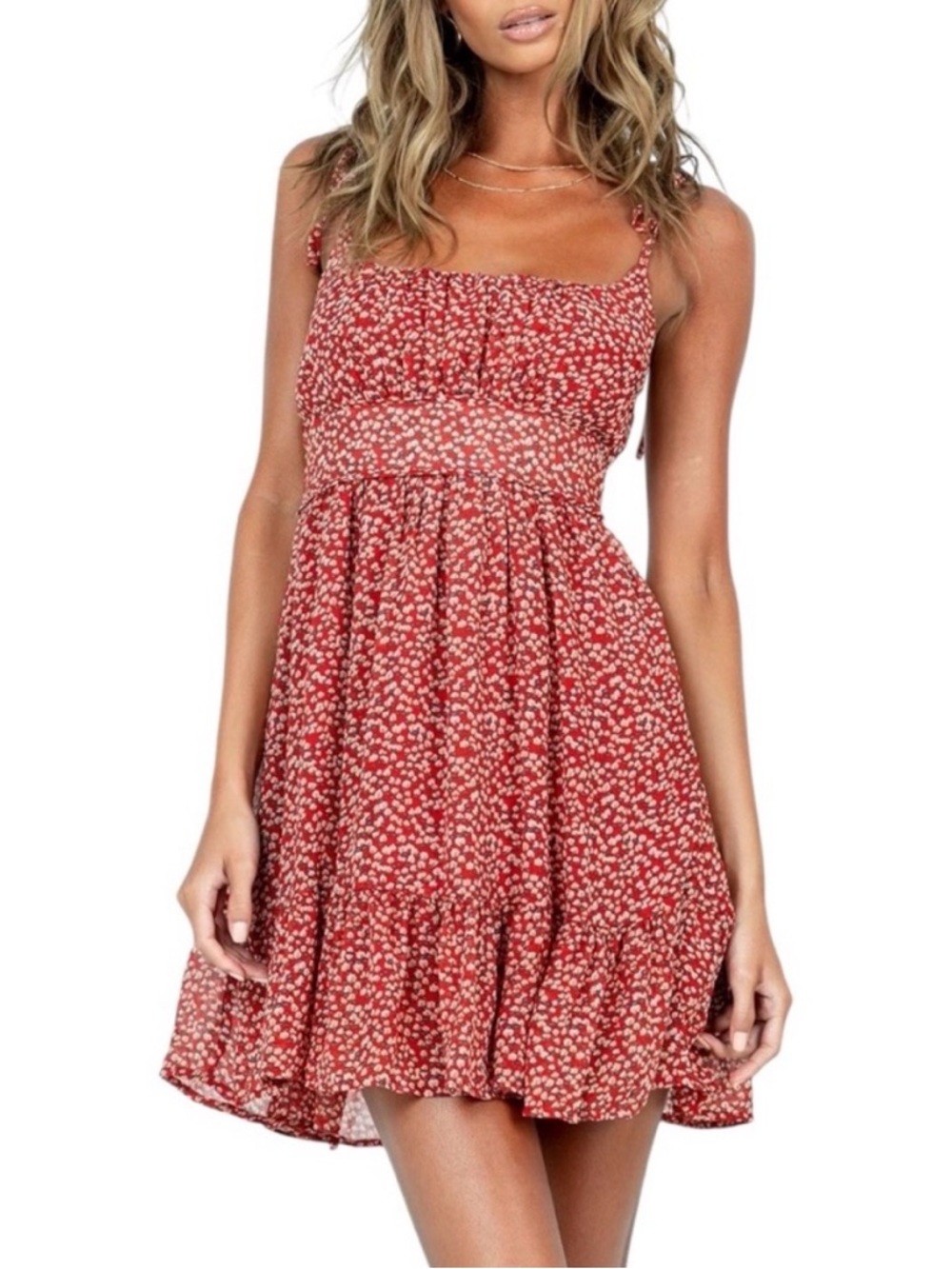 Princess Polly Red Floral Smocked Mini Dress Adjustable Tie Shoulders